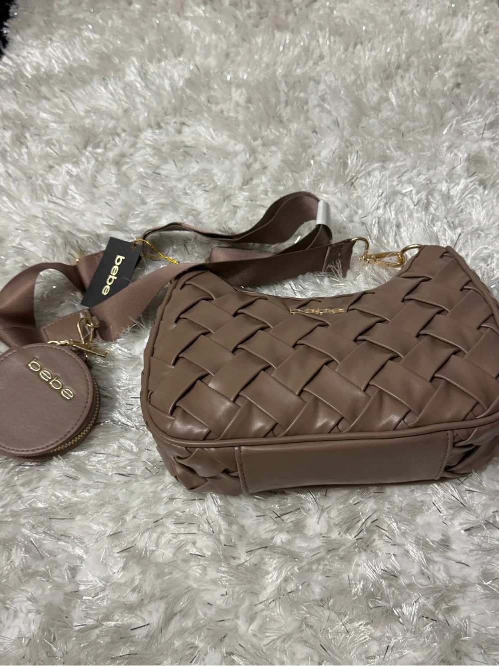 bebe Woven Shoulder Bag in Taupe Brown with Coin Pouch